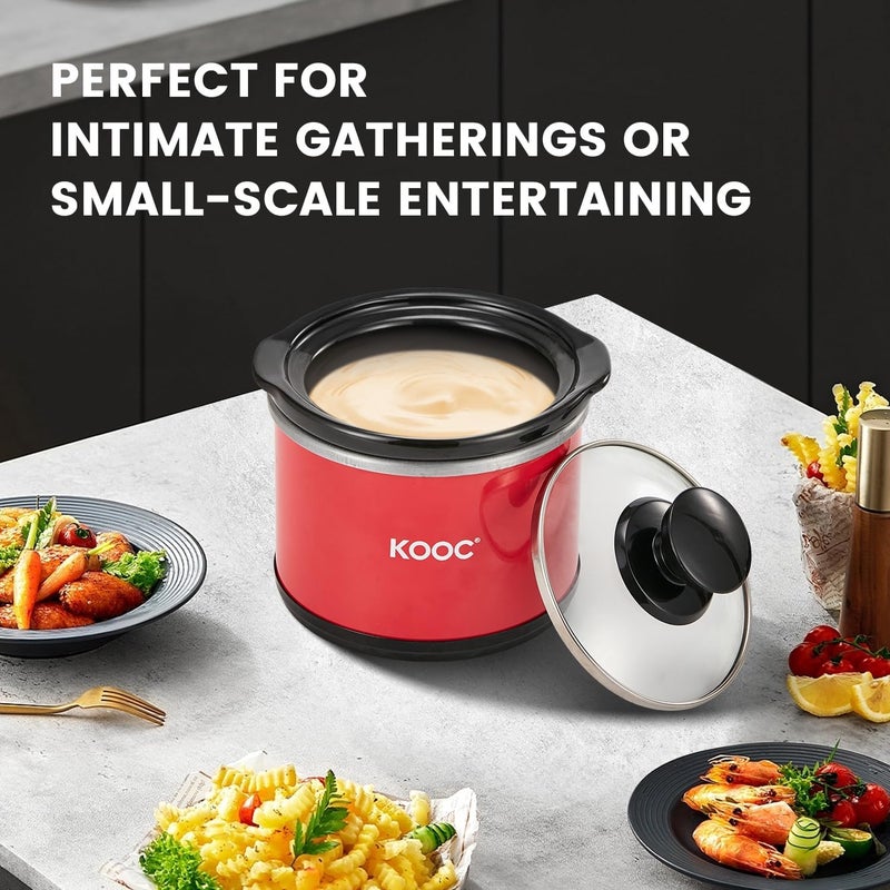 KOOC Small Slow Cooker, 0.65 Quart, Free Liners Included, Upgraded Ceramic Pot, Nutrient Loss Reduction, Sauces, Stews & Dips, Stainless Steel, Red, Round - Image 3